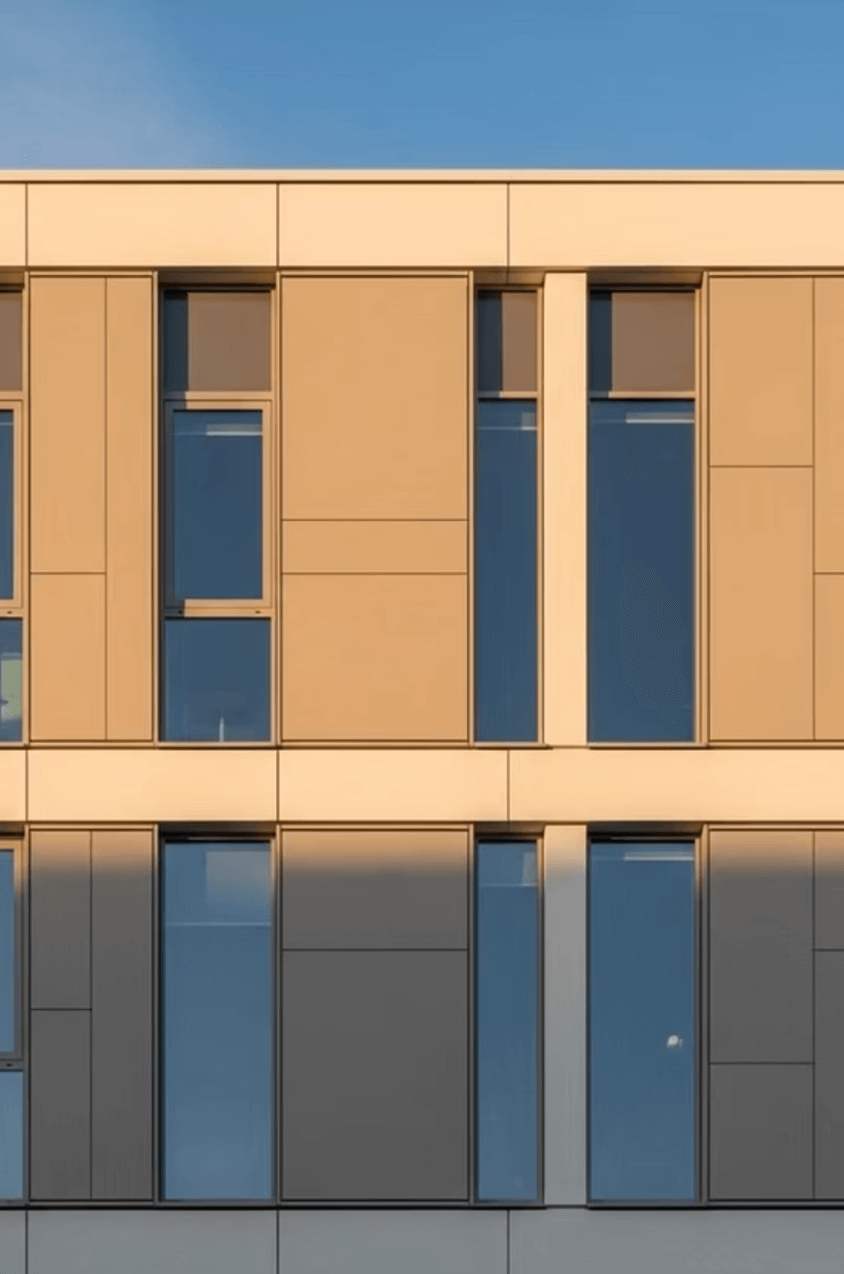 Render de edificio con fachada BIPV coloreada y moderna
