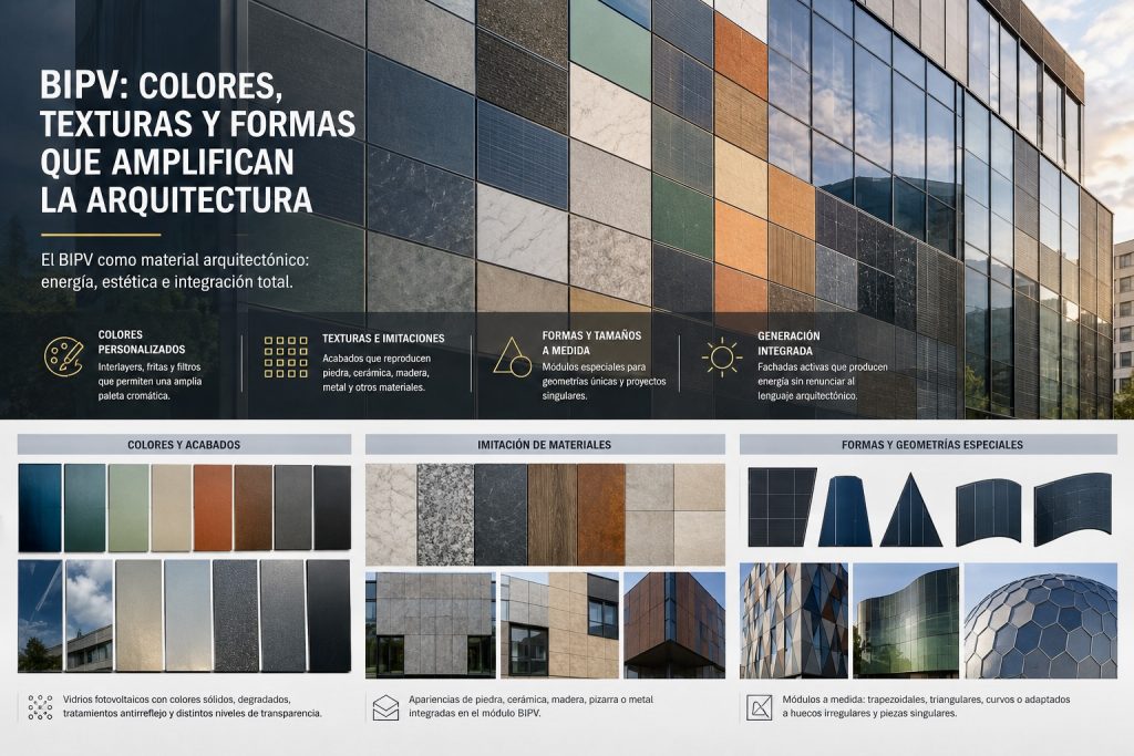 BIPV en fachadas: módulos fotovoltaicos integrados con colores, texturas y formas arquitectónicas