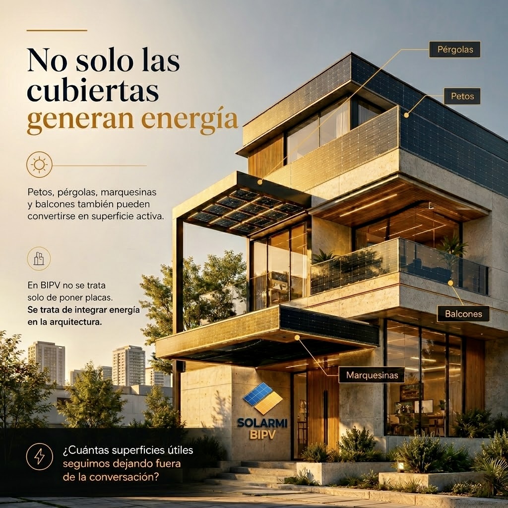 Infografía de una vivienda moderna de diseño premium con integración fotovoltaica en edificios (BIPV) de Solarmi. La imagen detalla de forma fotorrealista las superficies activas como petos, pérgolas, balcones y marquesinas que generan energía con luz natural brillante