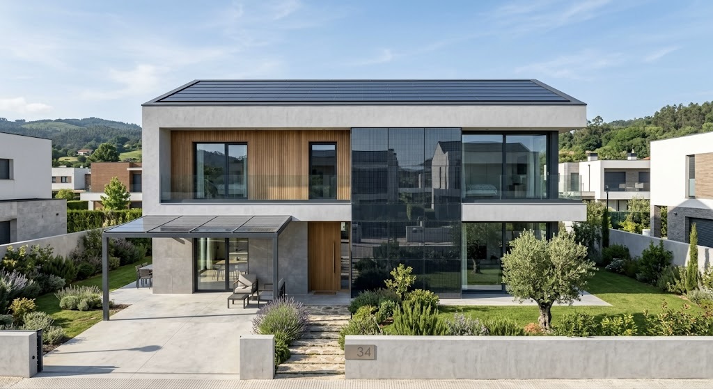 vivienda unifamiliar moderna de dos plantas en Oviedo, España, que integra de forma elegante paneles solares BIPV en el tejado y en un gran ventanal de la fachada de microcemento y madera noble.