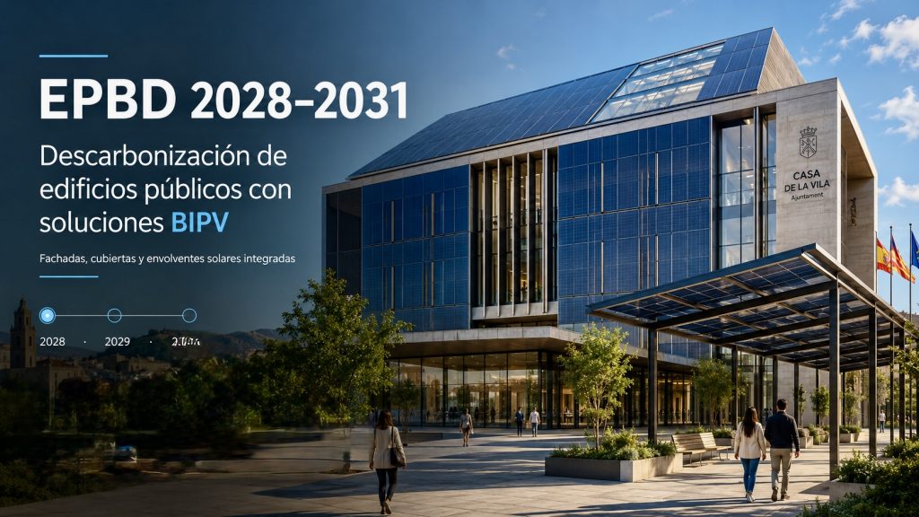 Edificio público con fachadas y cubiertas solares BIPV para la descarbonización según la EPBD 2028-2031