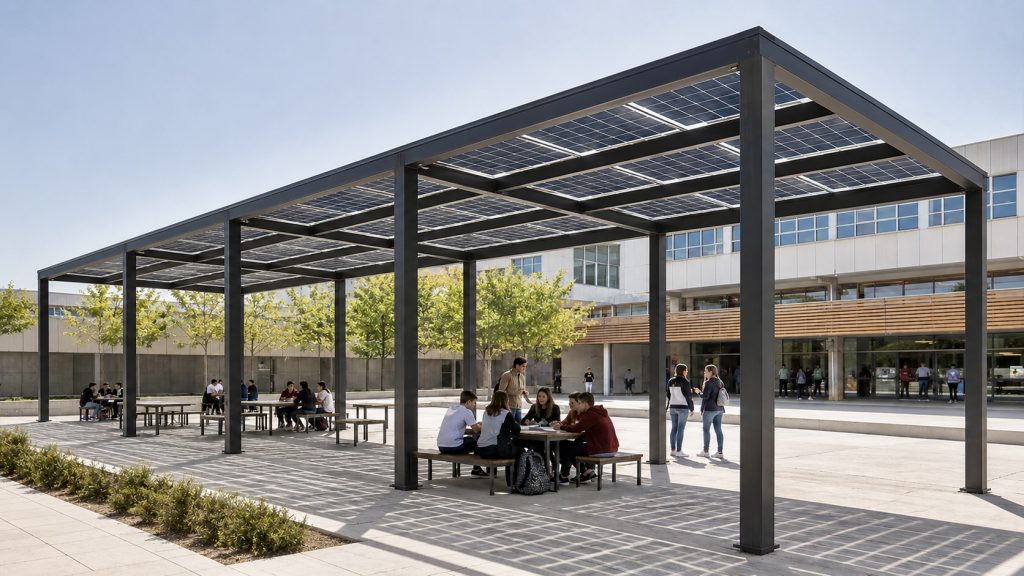 Pérgola fotovoltaica integrada en el patio de un colegio