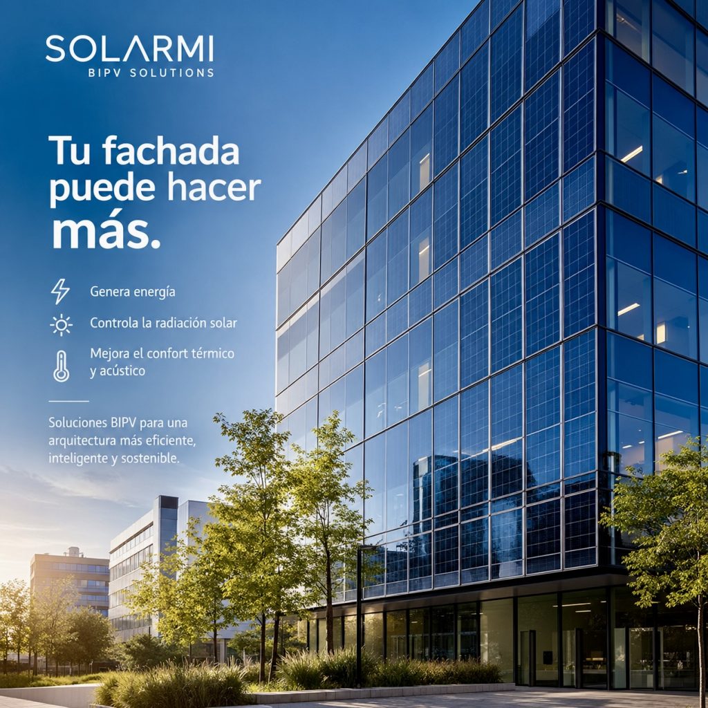 Fachada acristalada de edificio de oficinas con módulos fotovoltaicos BIPV integrados de Solarmi