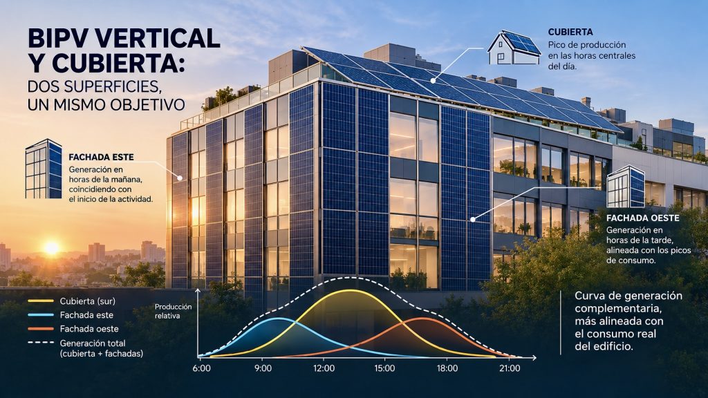 Fachada fotovoltaica BIPV vertical y cubierta solar en un edificio, con curvas de generación según orientación